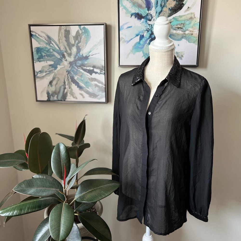Apt 9 Black Sheer Long Sleeve Blouse With Sequin